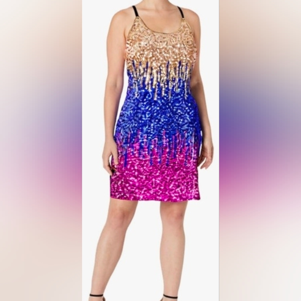 Elegant Gold, Blue, and Pink Sequin Mini Dress
